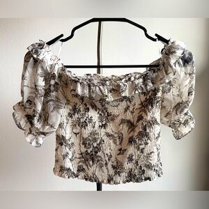 Express puff sleeve black and white floral ruched crop top